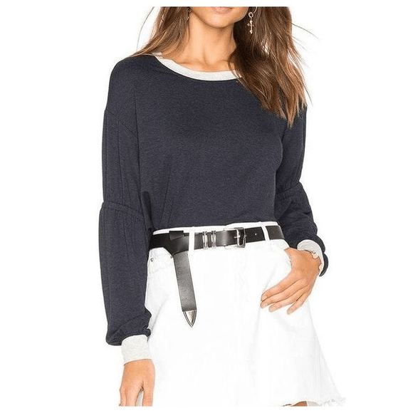 Michael Stars Gathered Sleeve Sweatshirt Navy Gray Comfy Lounge Top Size Large - Picture 1 of 14